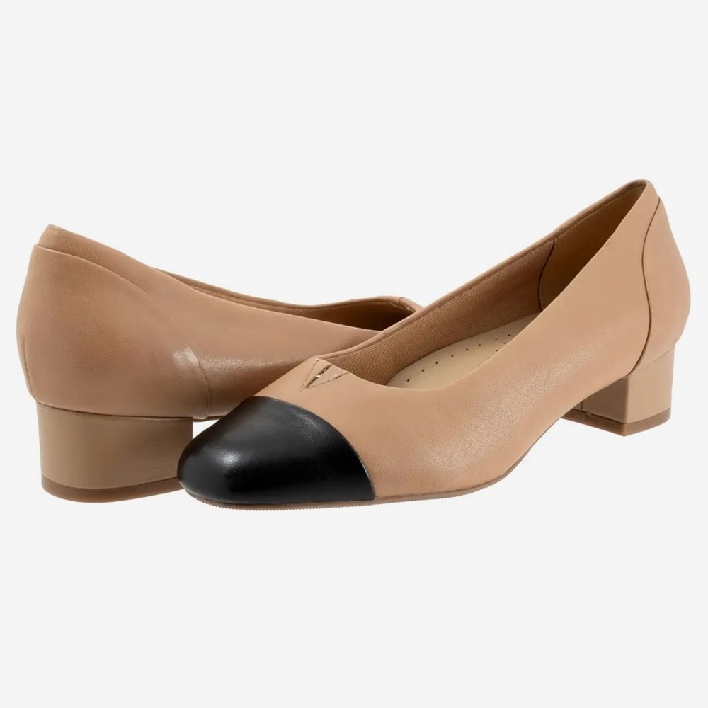 Trotters Beige Pumps with Black Cap-Toe Low Block Heel 8.5 W